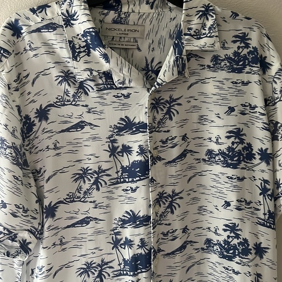 Nickel & Iron Hawaiian shirt sleeves buttoned down men’s white blue shirt Sz L - Picture 2 of 6